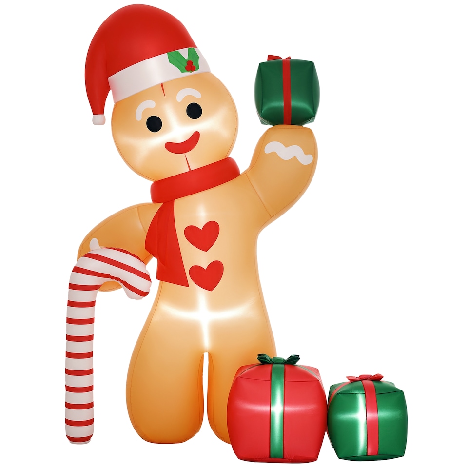 image 1 of Outsunny 8FT Christmas Inflatable Gingerbread Man with Candy Cane and Three Gift Bags, Christmas Blow Up Outdoor LED Display for Garden Party