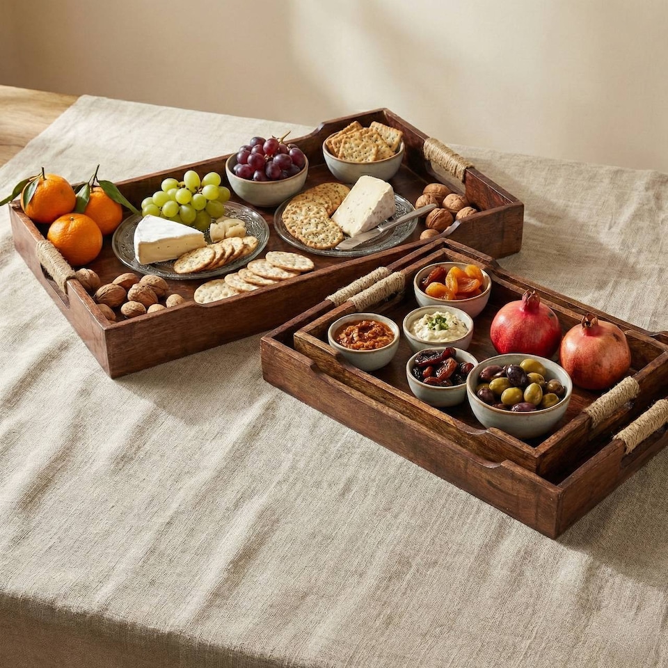 3 Piece Rectangular Wooden Serving Tray Set - Tesco Groceries