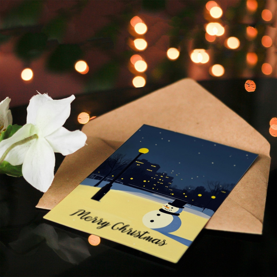 image 1 of Snowman Under City Lamp Post Night Cityscape Blank For Him Or Her Art Christmas Card