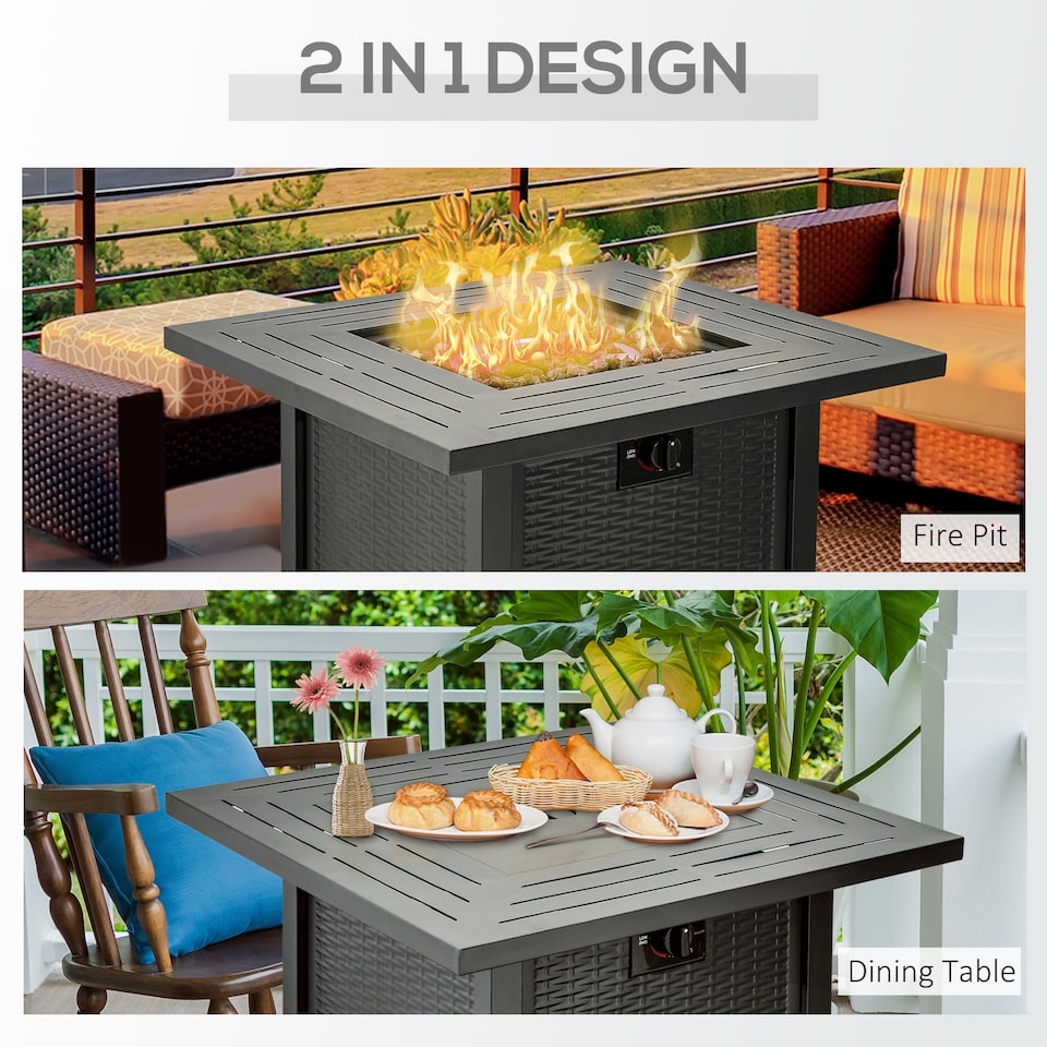 image 1 of Outsunny Square Propane Gas Fire Pit Table, 40000 BTU Rattan Smokeless Firepit Patio Heater with Protective Cover, Glass beads and Lid, 71cm x 71cm x 63cm, Black