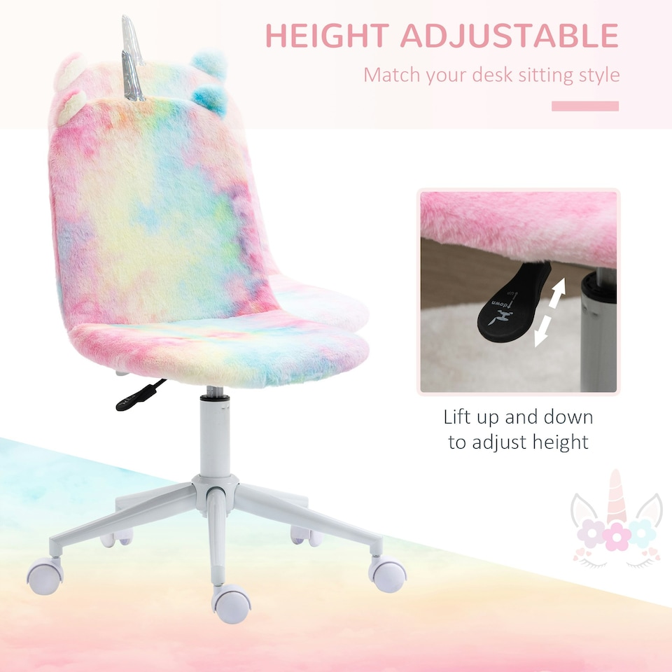 image 1 of Vinsetto Fluffy Unicorn Office Chair w/ Swivel Wheel, Cute Desk Chair, Rainbow