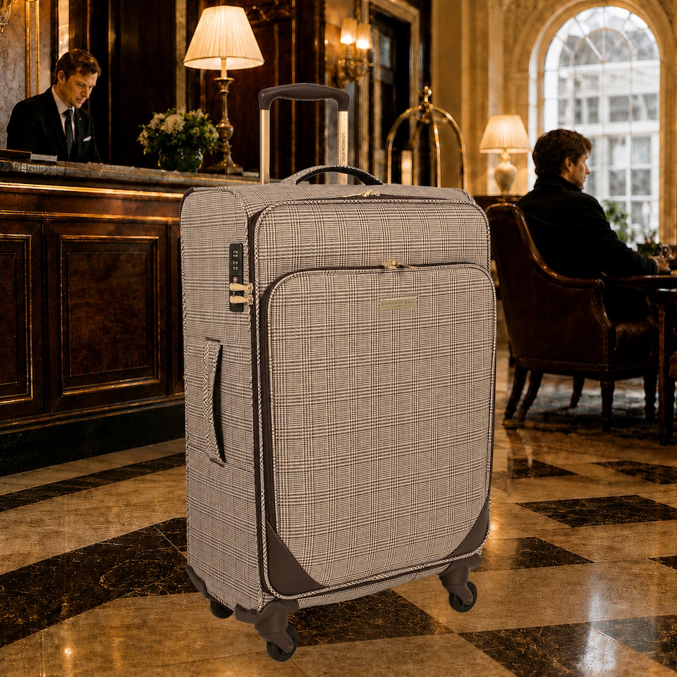 image 1 of London Fog Camberley Large Soft Shell Suitcase, 4 Wheel Checked Luggage, Brown