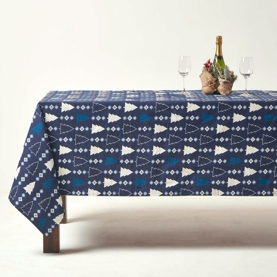 image 1 of Homescapes Blue Winterland 100% Cotton Christmas Tablecloth - 137 x 178 cm | Blue | 137cm x 178cm (54" x 70")