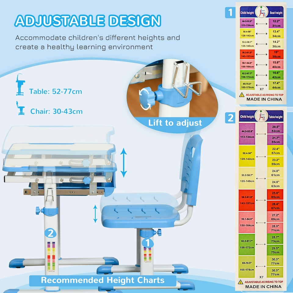 image 1 of HOMCOM Kids Desk and Chair Set Adjustable Tiltable with Drawer Pen Slot Hook Blue