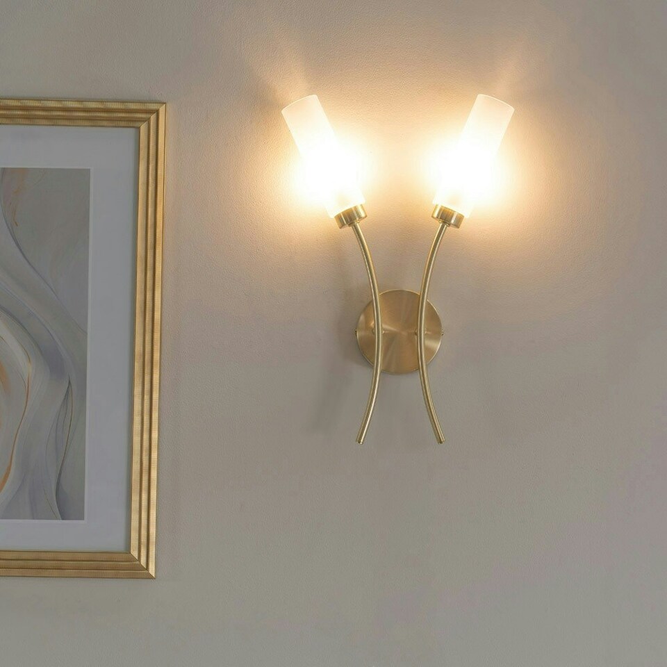 image 1 of ValueLights Maya Brushed Gold 2 Way Curved Upright Reed Shaded Wall Light with LED Bulbs