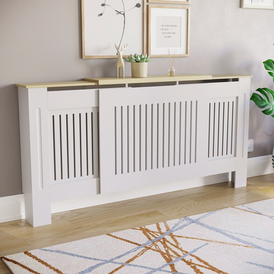 image 1 of Vida Designs Arlington Adjustable Radiator Cover upto 204cm Width Painted MDF Heat Protection - White
