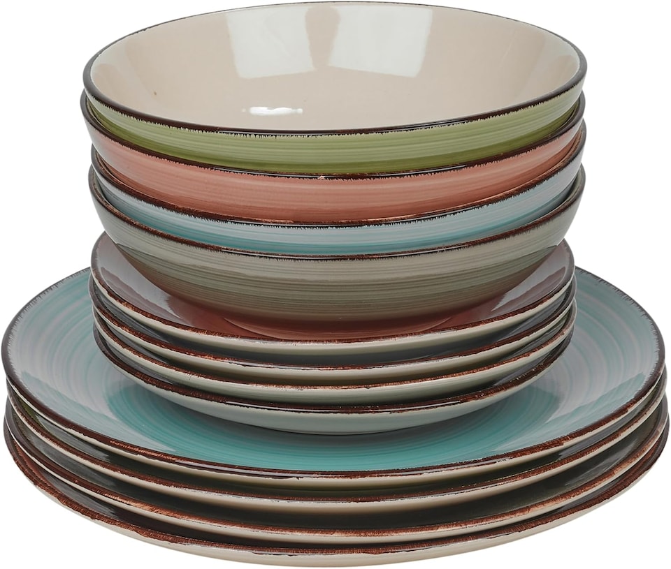 image 1 of Coloured Stone Glazed Ceramic Dinnerware Crockery Plates Bowls Set | Multi | Multicoloured | 2 Sets (24 Pcs) | 24