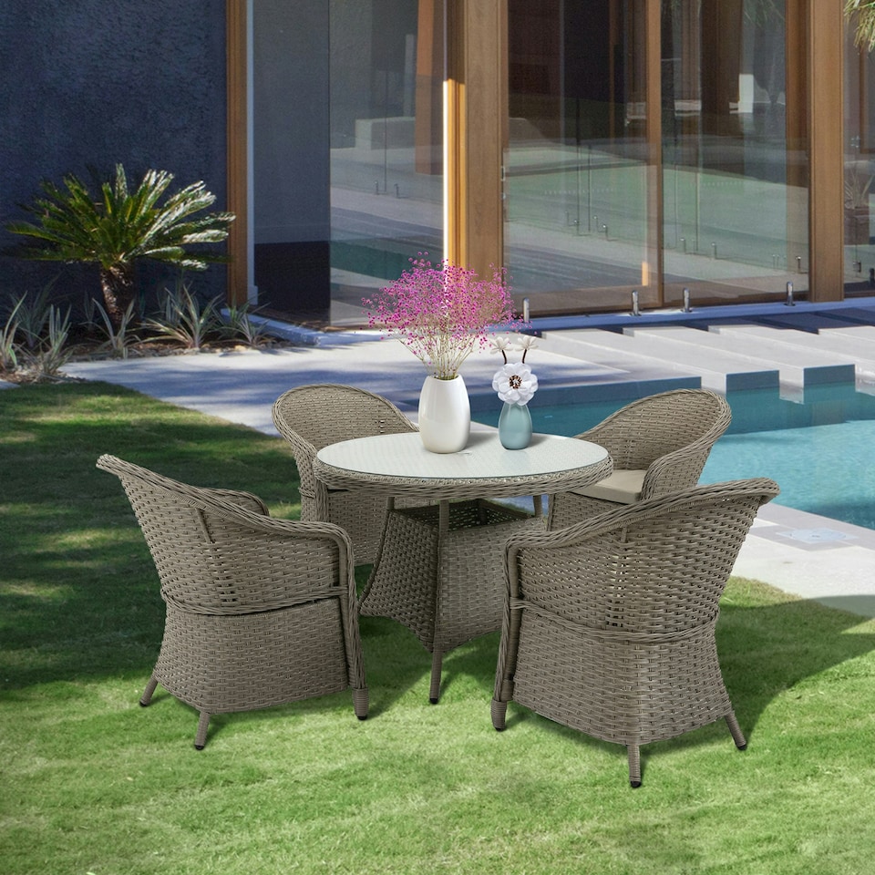image 1 of Outsunny Rattan Dining Set for 4 with Cushions and Umbrella Hole, Mixed Grey