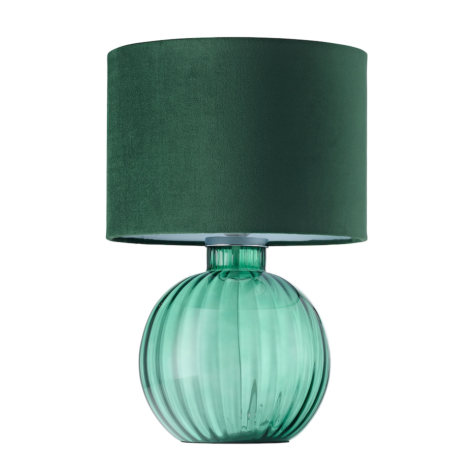 image 1 of Contemporary Emerald Ribbed Glass Table Lamp with Forest Green Velvet Shade | Green