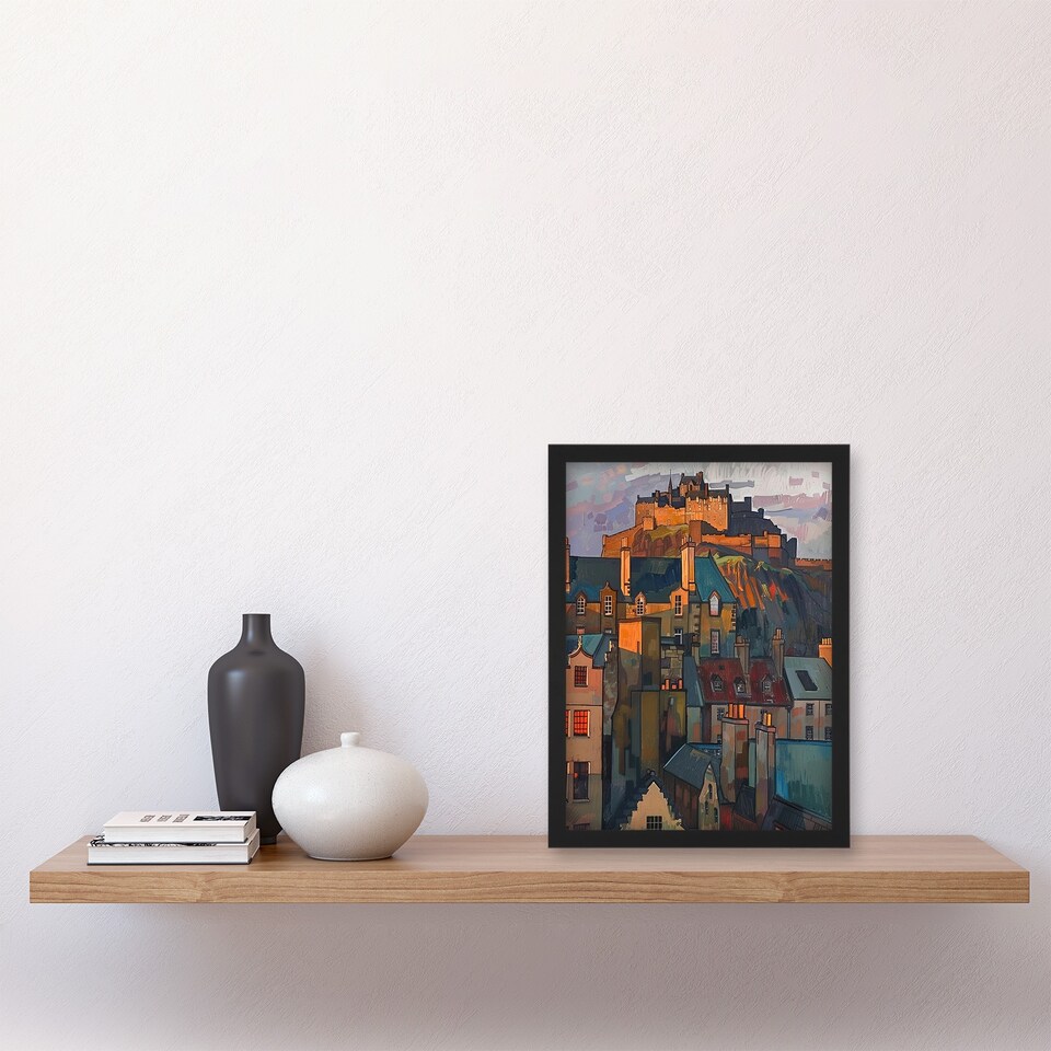 image 1 of Edinburgh Castle Sunset Cityscape Iconic Black Framed Wall Art Print A4