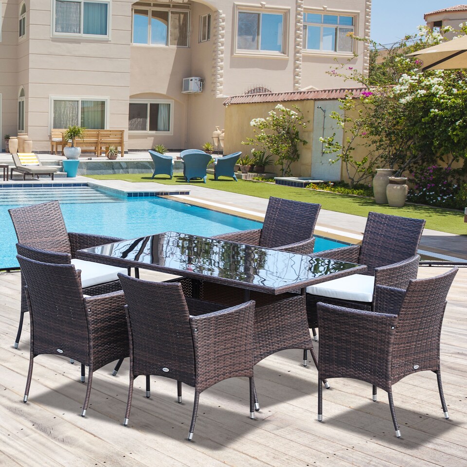 image 1 of Outsunny 7 Piece Rattan Garden Furniture Set with Cushions, 6 Seater Garden Table and Chairs, Rattan Dining Set with 6 Armchairs, Rectangular Glass Top Table, Brown