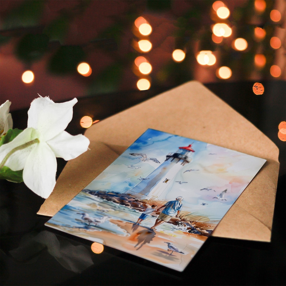 image 1 of Lighthouse Seagulls Beach Walk With Grandad Retirement Card