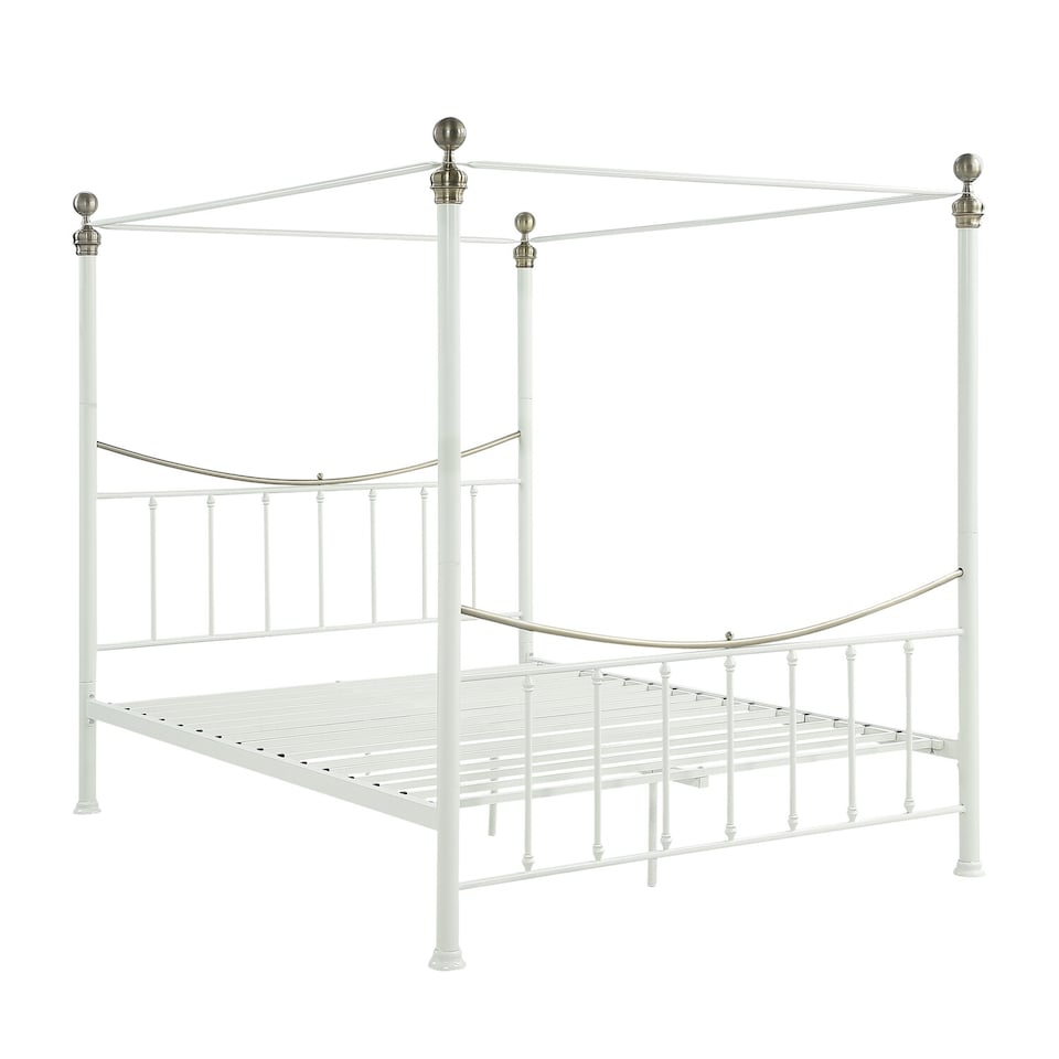 image 1 of Marylebone Traditional Four Poster Canopy Metal Bed Frame | White | White & Brass | King