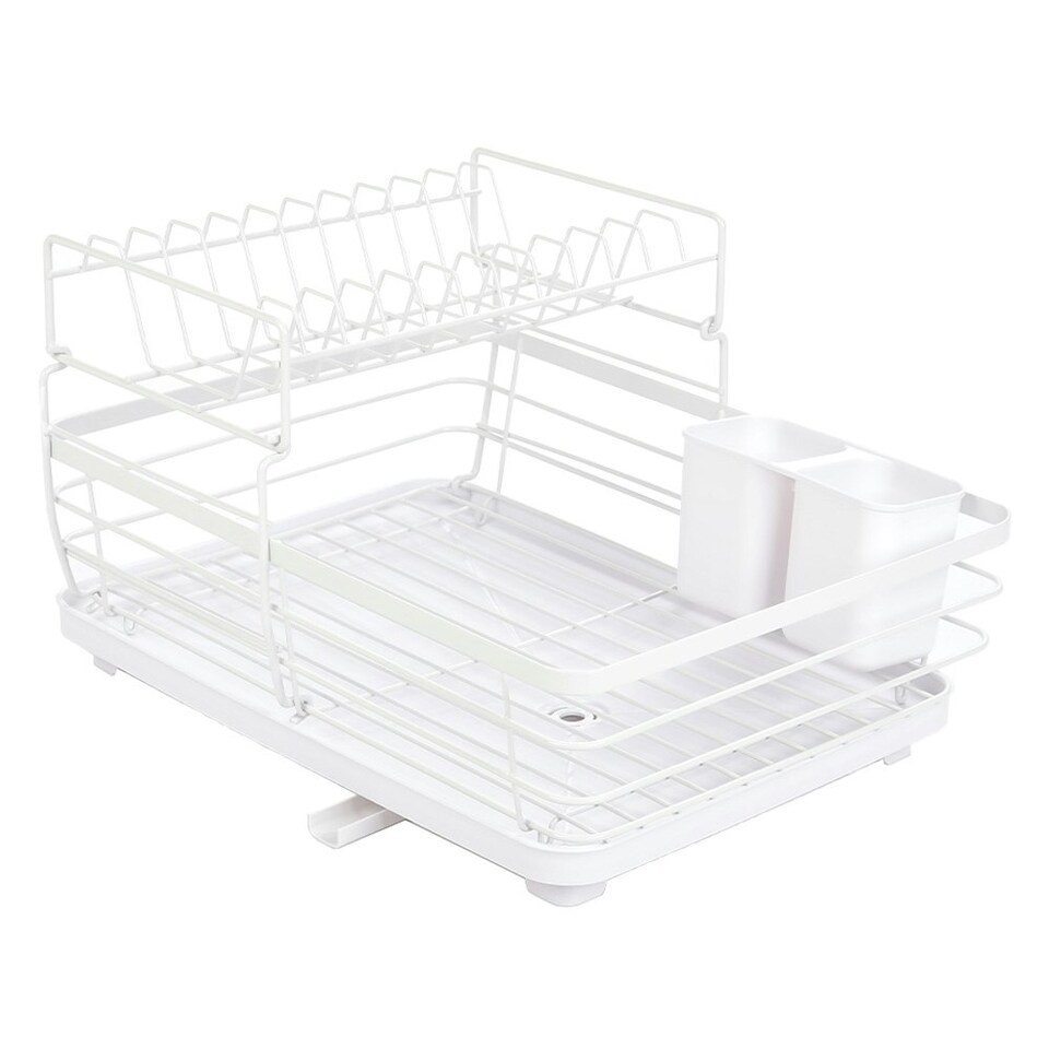 image 1 of Living and Home 2-Tier Metal Dish Rack Drainer with Utensil Holder - White