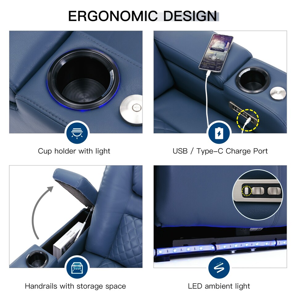image 1 of Broadway Cinema Electric Recliner Chair USB Charging LED Base (Blue)