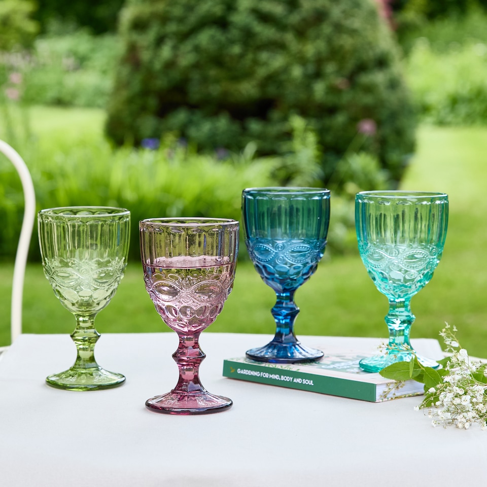 image 1 of Set of 4 Mix Match Embossed Palazzo Coloured Glass Wedding Decor Glassware Wine Goblets 350ml