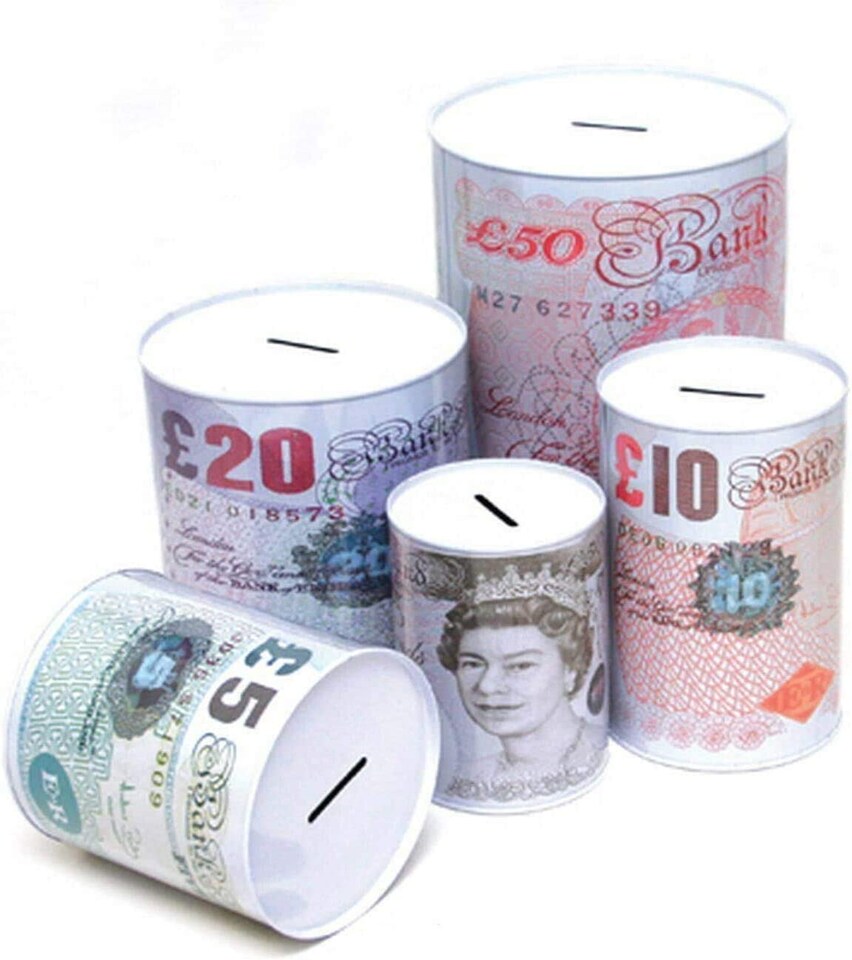image 1 of KAV 22 CM 2 Pack Jumbo Large Money Saving Tin Boxes with British Bank Note Design - Perfect Piggy Bank for Kids and Adults