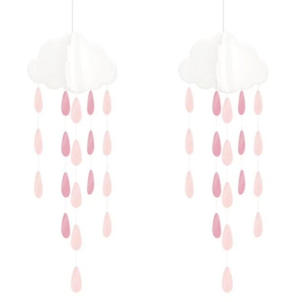 Pink Baby Shower Clouds With Droplets Hanging Decoration 80cm - Pack of 2