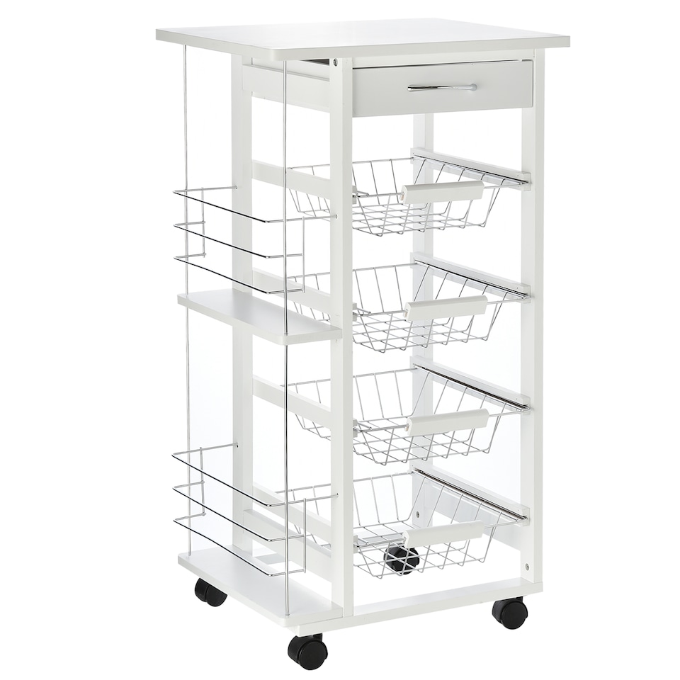 image 1 of HOMCOM Rolling Kitchen Cart, Utility Storage Cart with 4 Basket Drawers & Side Racks, Wheels for Dining Room, White