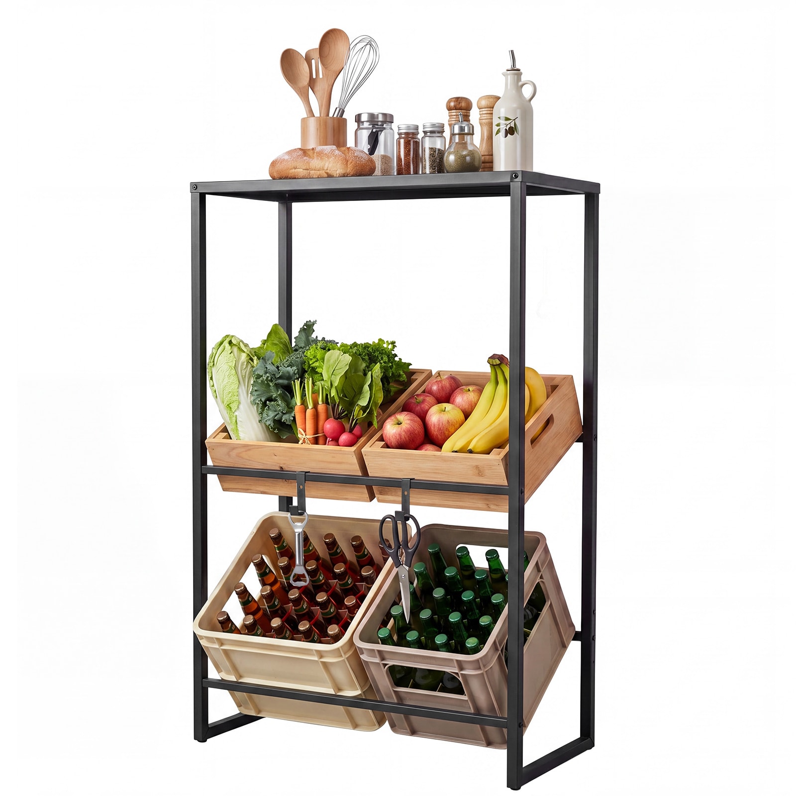 Costway 3-Tier Drink Crate Rack Heavy-duty Metal Storage Rack with Shelf in Black