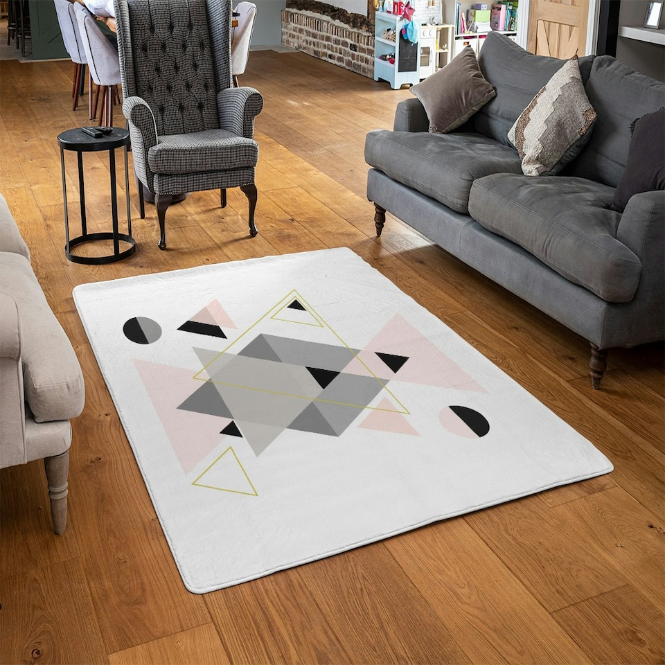 image 1 of Pink & Grey Geometric Triangles (Rug) Multi | Large: 140x200cm