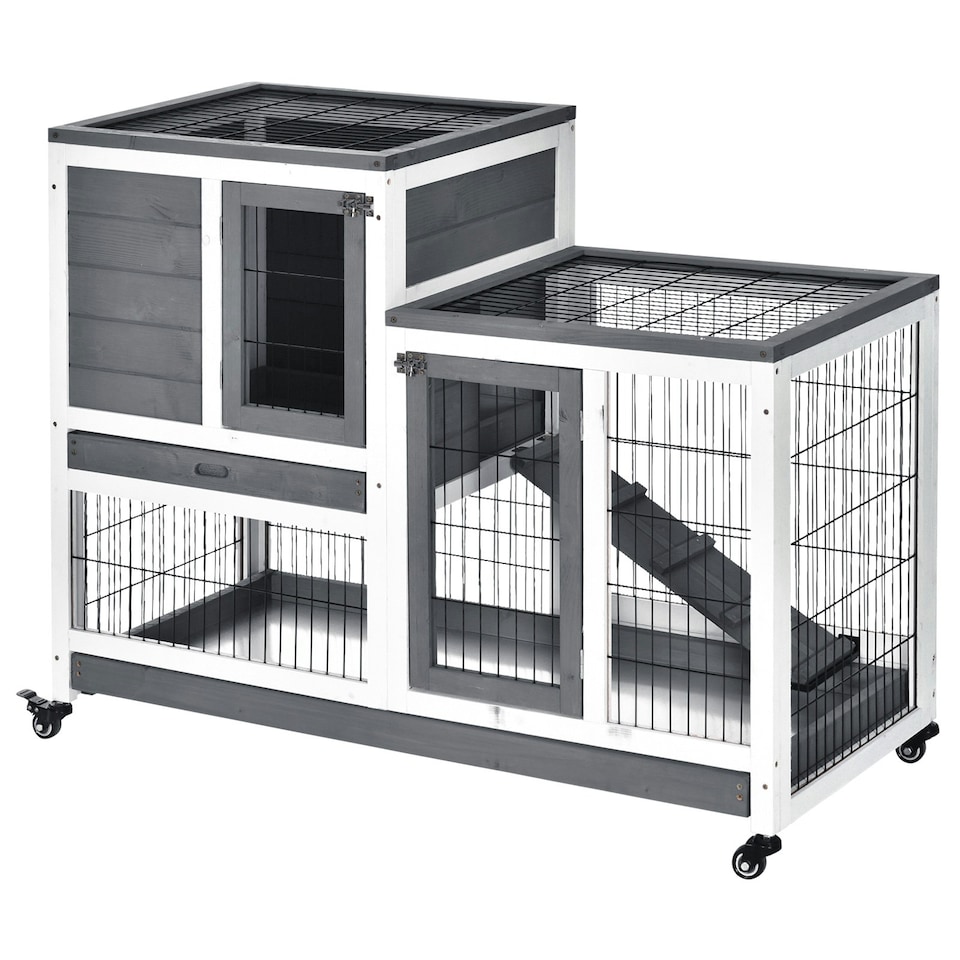image 1 of PawHut Wooden Indoor Rabbit Hutch Elevated Bunny Cage with Enclosed Run W/Wheel