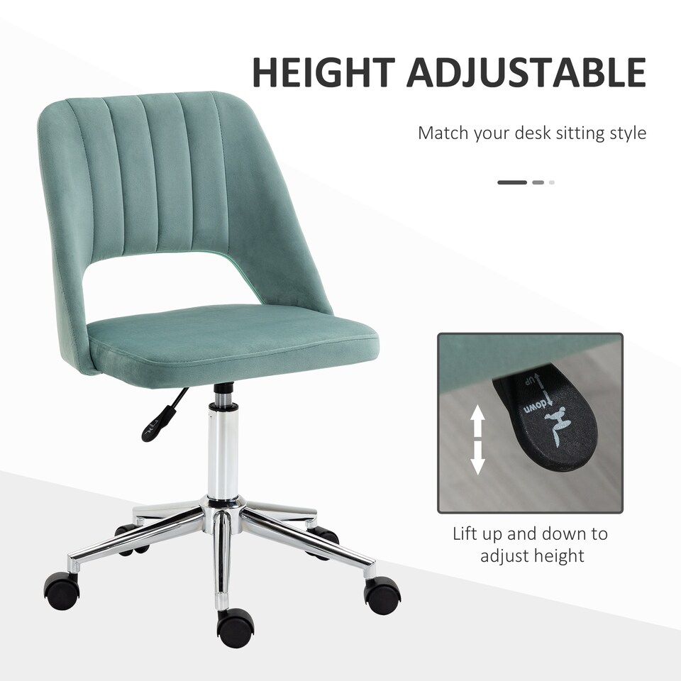 image 1 of Vinsetto Modern Office Chair, Velvet-feel Fabric Desk Chair with Wheels, Comfy Armless Swivel Vanity Chair for Makeup, Nail Tech, Bedroom, Green