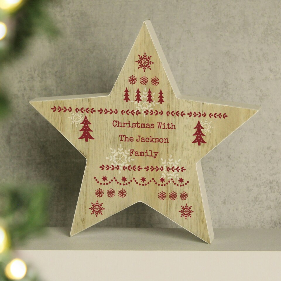 image 1 of Personalised Christmas Fair Isle Wooden Star Ornament