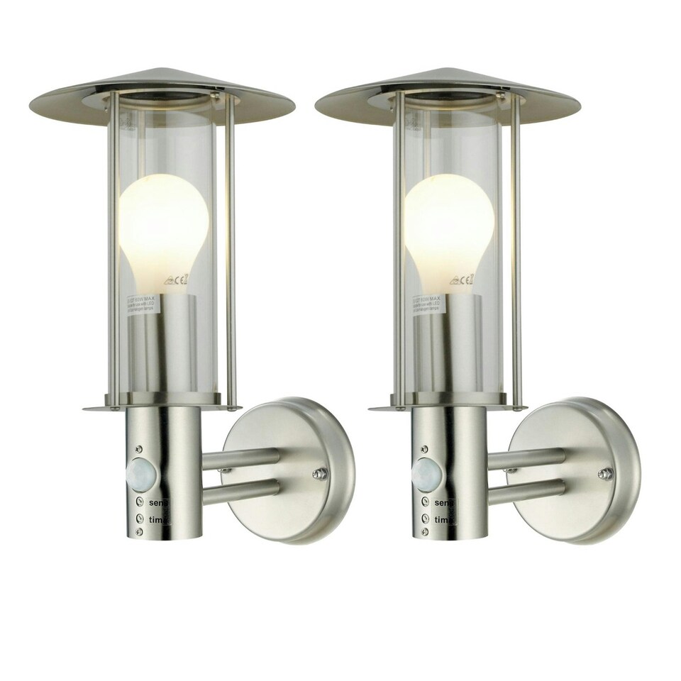 image 1 of First Choice Lighting Set of 2 Treviso Brushed Stainless Steel Motion Sensor Outdoor Security Lights Silver | Clear