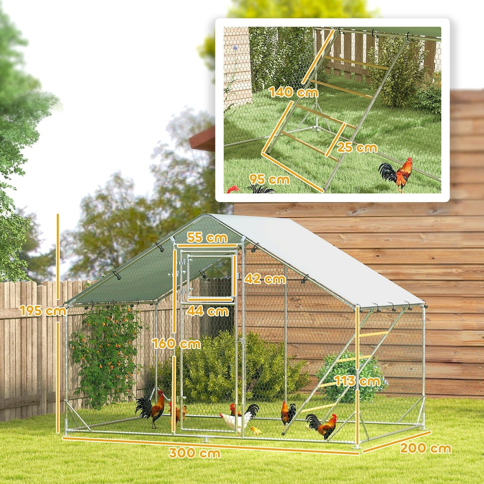 image 1 of PawHut Walk in Chicken Run with Waterproof & UV-Resistant Cover, Hanging Feeder, Perch, Hen Poultry House for 6-8 Chickens, Ducks, Rabbits, Geese, Silver