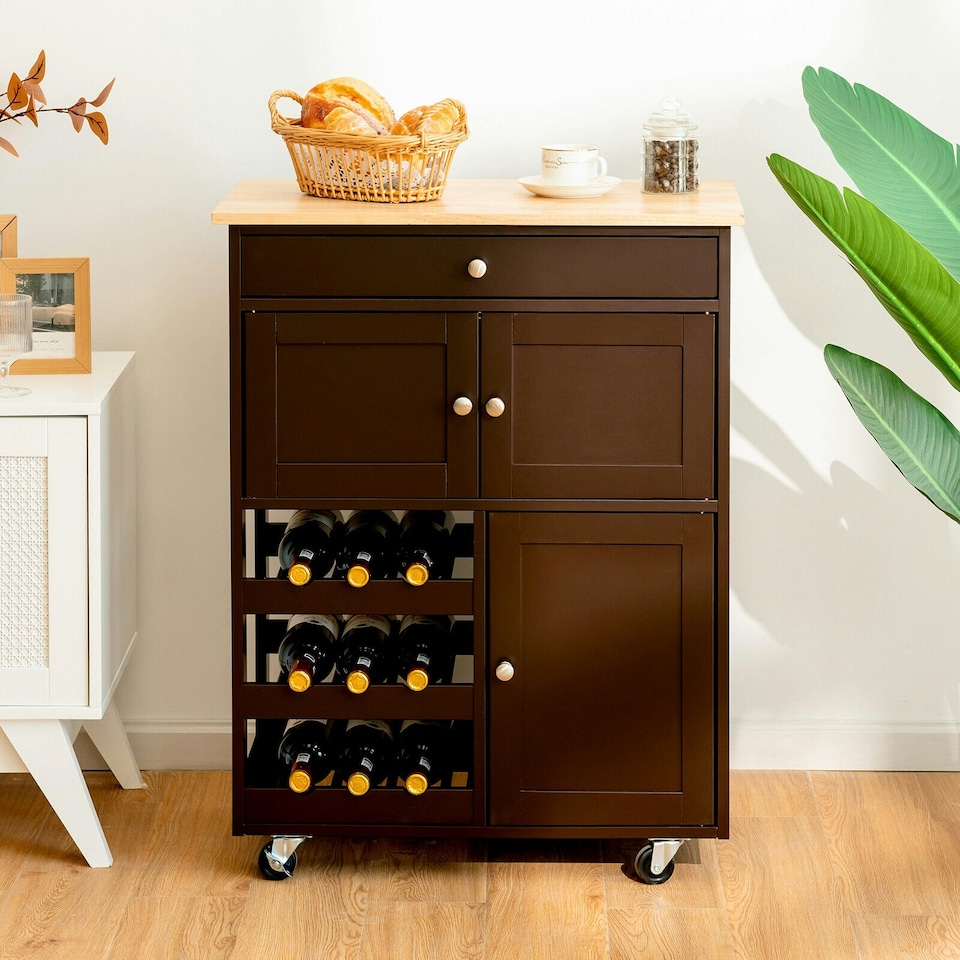 image 1 of COSTWAY Rolling Kitchen Storage Trolley Cupboard Island Brown
