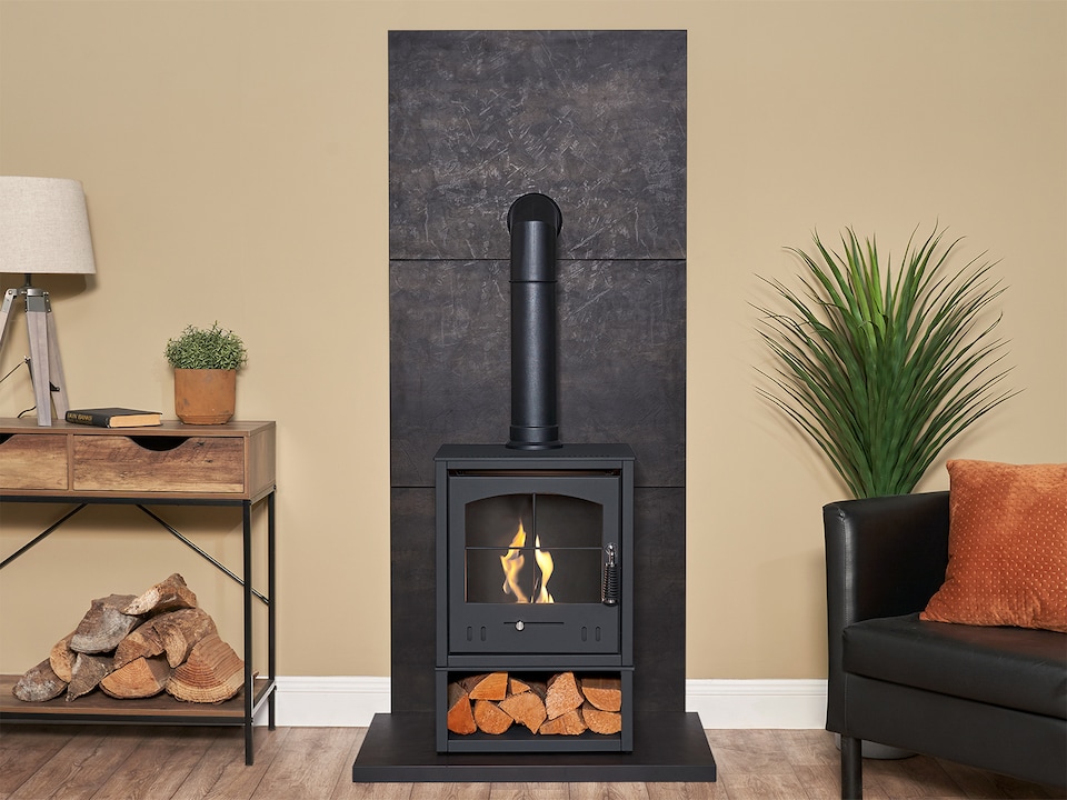 image 1 of OKO S2 Bio Ethanol Stove with Log Storage in Charcoal Grey with Tall Angled Stove Pipe