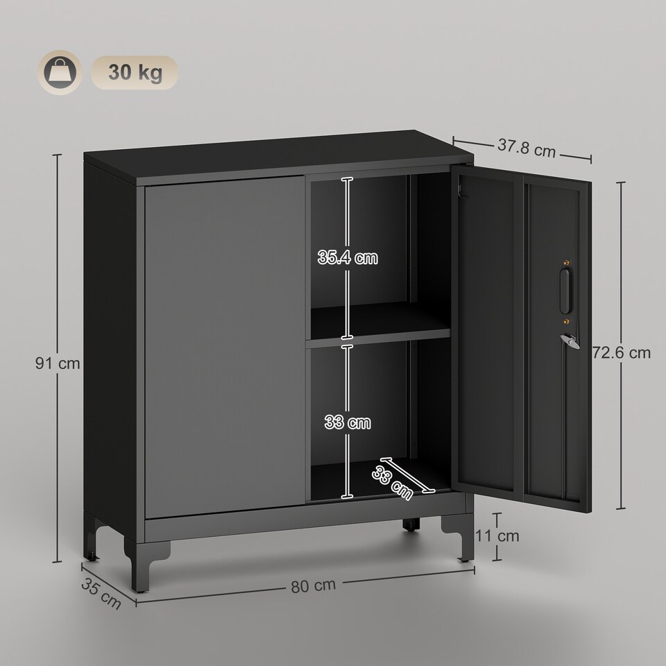 image 1 of HOMCOM Lockable Metal Filing Cabinet, 2-Tier Storage Cupboard | Black | Black | 80 x 35 x 91 cm
