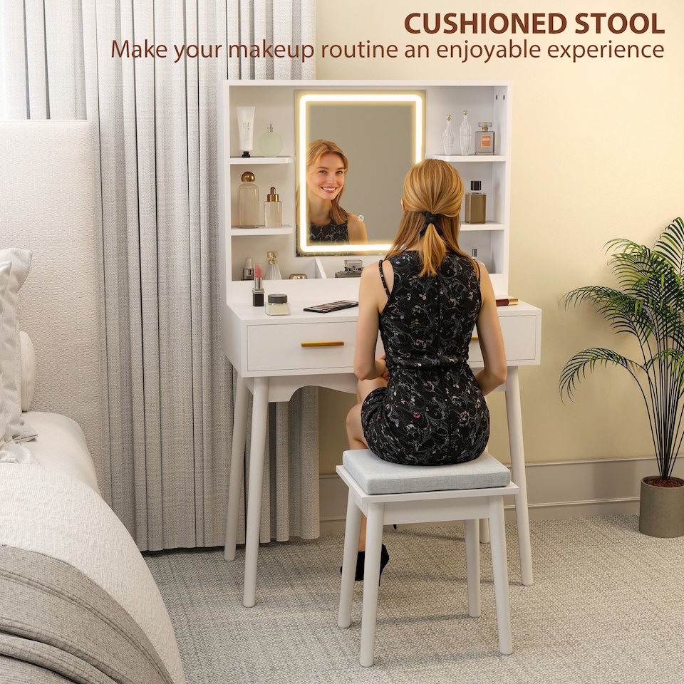 image 1 of HOMCOM Dressing Table with LED Lighted Mirror and Cushioned Stool White