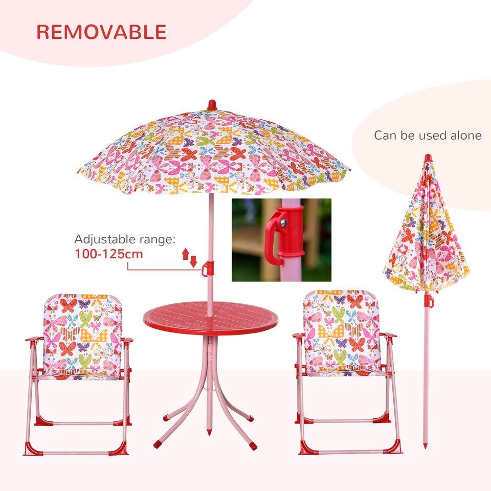 image 1 of Outsunny Kids Folding Picnic Table Chair Set Butterfly Pattern Outdoor Parasol