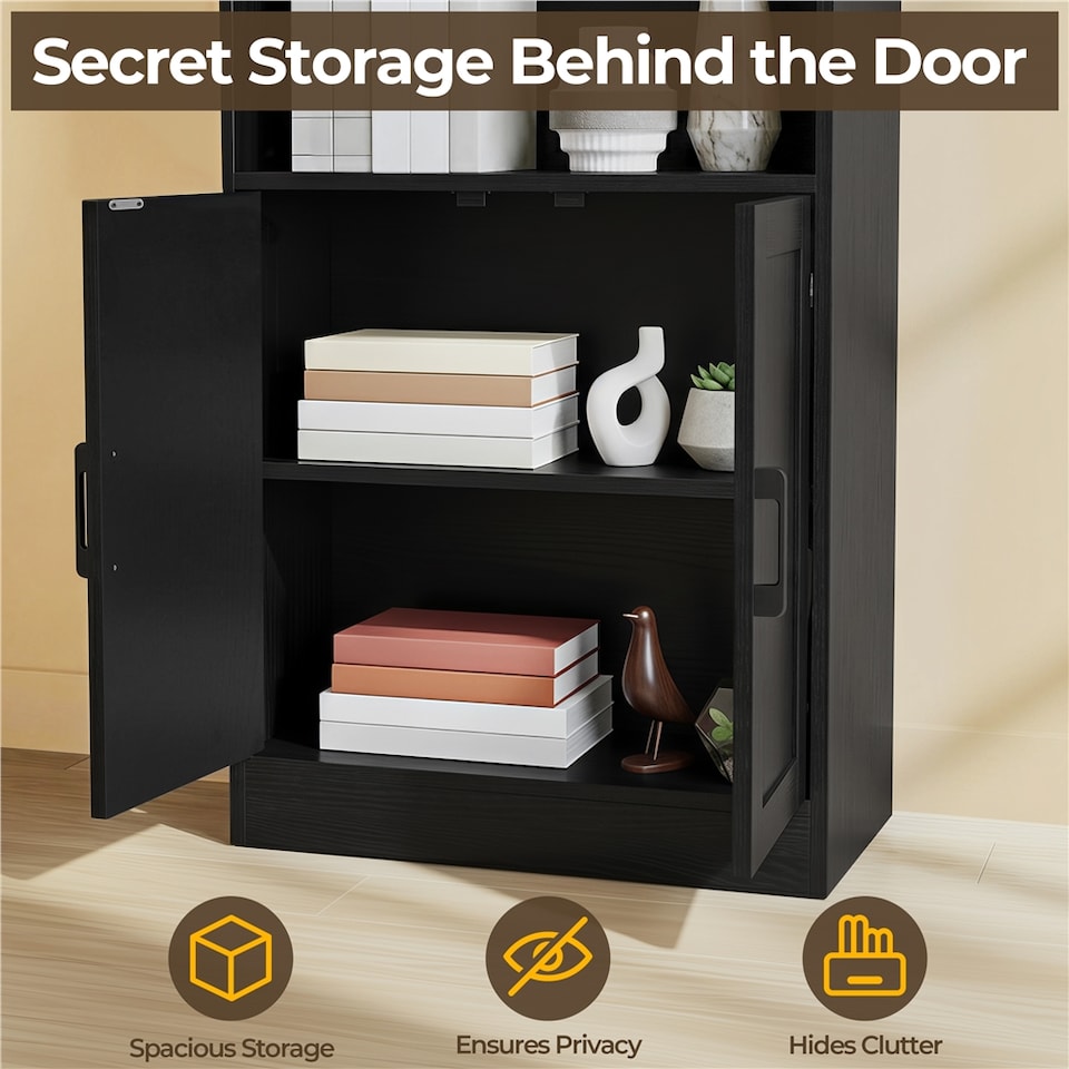 image 1 of Yaheetech 7-Tier Tall Bookcase with 2-Door Cabinet-Black