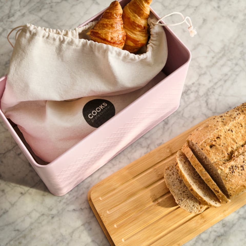 image 1 of Cooks Professional Diamond Pattern Bread Bin with Linen Bag & Bamboo Cutting Board Lid | Pink | Pink | 1