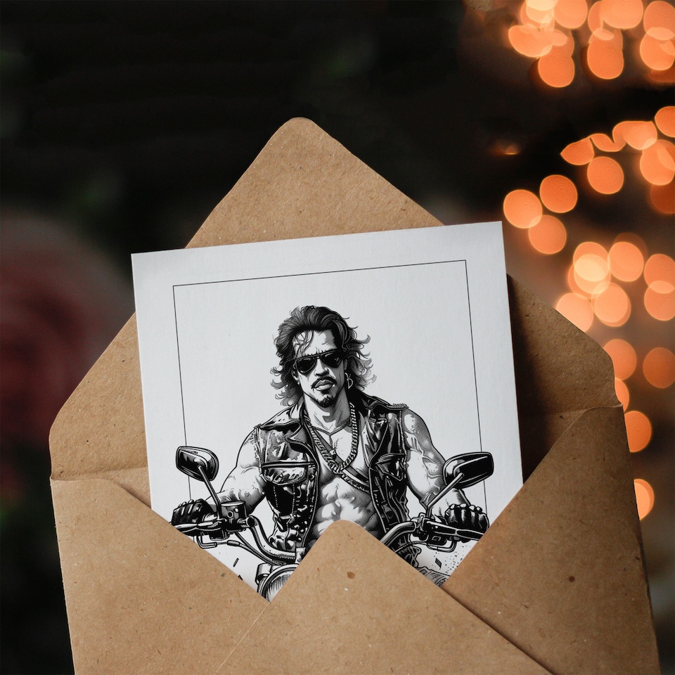 image 1 of Birthday Card Biker Drawing Muscle Sexy Motorbike Leather For Him Her