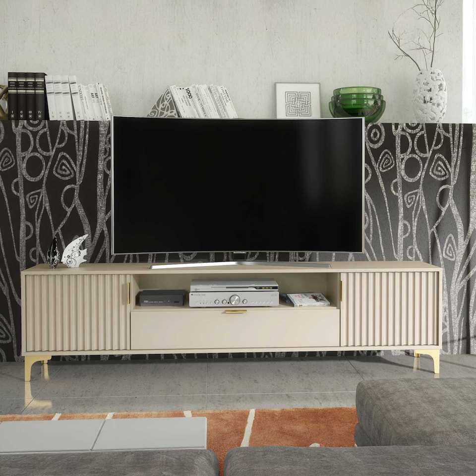 image 1 of TV Stand TV Unit Cabinet Sideboard Media Cabinet Cashmere Fluted Gold Legs 200cm