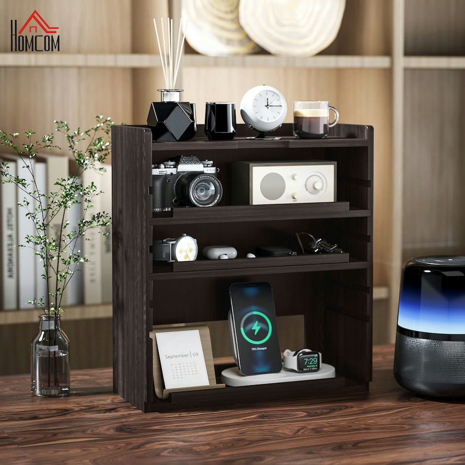 image 1 of HOMCOM 4-Tier Desktop Organiser with Cable Management for Stationery Dark Brown