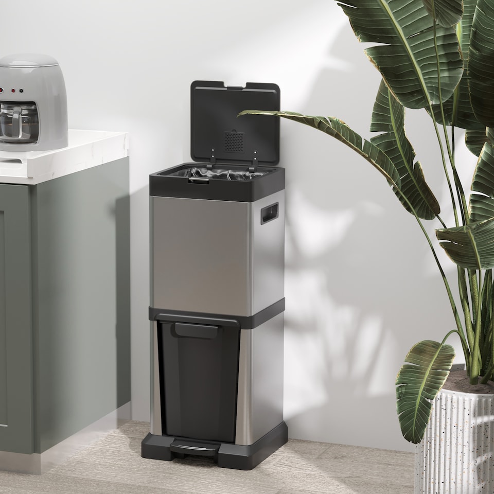 image 1 of HOMCOM Dual Kitchen Bin, Double Bin for Recycling and Waste, Stainless Steel Vertical Pedal Bin with Tilt Out Bin, Soft-Close Lid, Removable Inner Buckets and Handles, Silver | Silver | 1