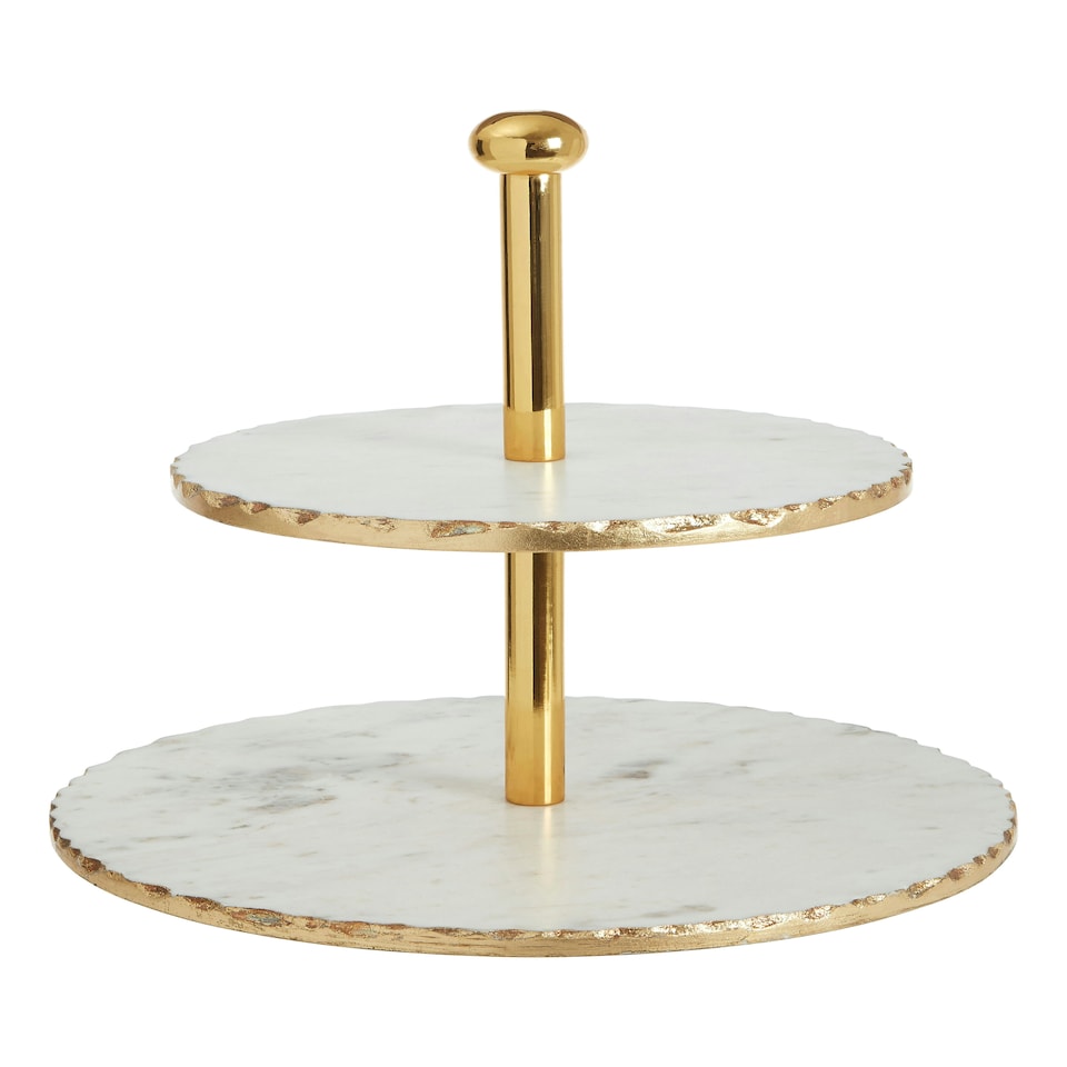 image 1 of Empire 2 Tier White Marble And Gold Finish Cake Stand Gold