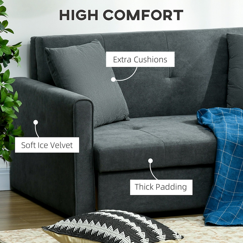 image 1 of HOMCOM 2 Seater Sofa Bed Convertible Bed Settee w/ 2 Cushions Storage Dark Grey