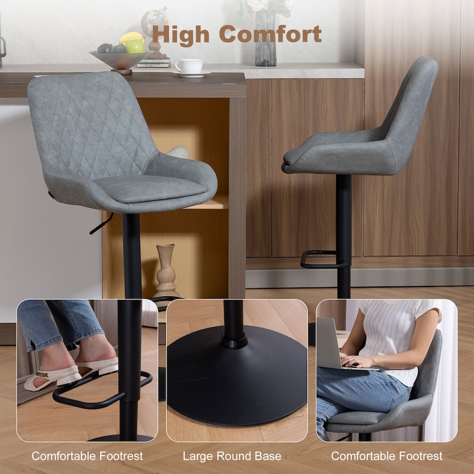 image 1 of HOMCOM Breakfast Bar Stools Set of 2 with 51x40cm Wide Seat, Height Adjustable Kitchen Counter Chairs, Retro Swivel Upholstered Barstools with Back, Footrest and Steel Base, Light Grey | Grey | Light Grey