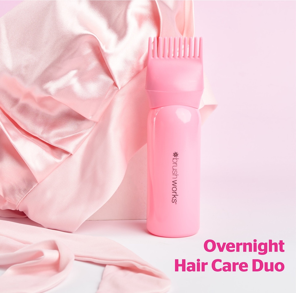 image 1 of Brushworks Overnight Hair Care Set - Oil Applicator and Double-Layer Satin Bonnet, Pink