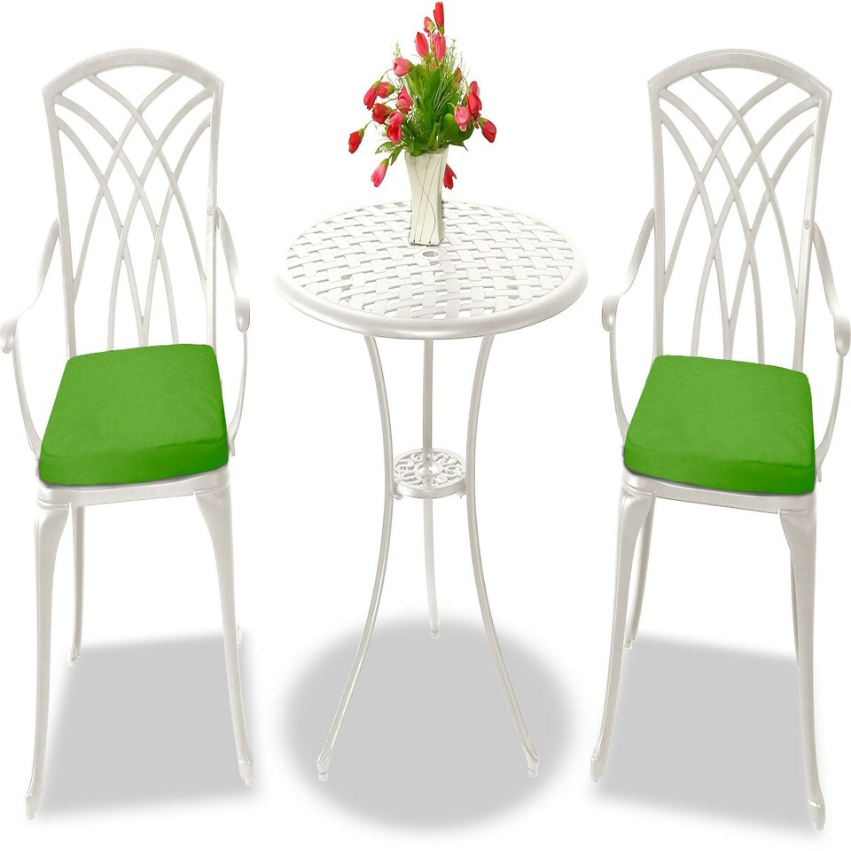 image 1 of Centurion Supports OSHOWA Luxurious Garden and Patio Table and 2 Large Chairs with Armrests Cast Aluminium Bistro Set - White with Green Cushions