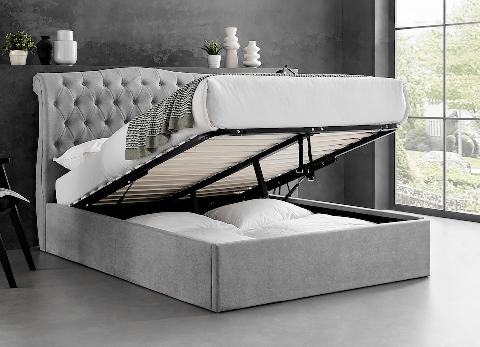 image 1 of 5ft King Size Ottoman gas liftup storage bed frame,fabric upholstered, light grey,buttoned back,curved bed frame,bedstead