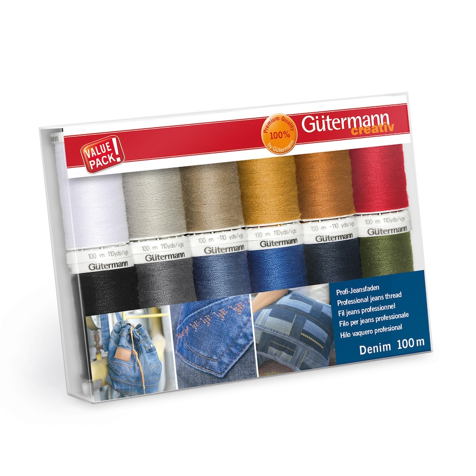image 1 of Gutermann Denim Thread Set - 12x100m Professional Jeans Thread, Assorted Colours for Robust & Decorative Seams