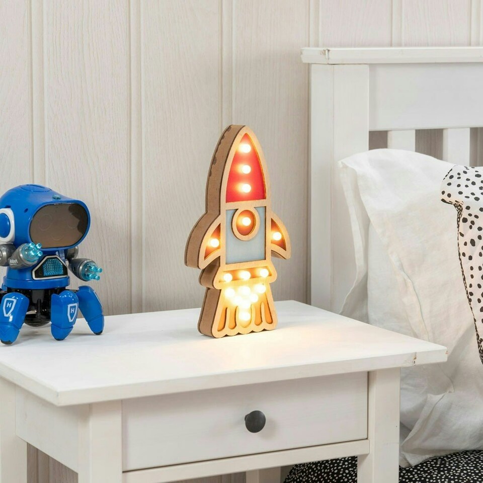 image 1 of ValueLights Kids Battery Powered Wooden Rocket Wall or Table Lamp