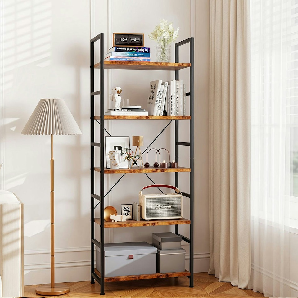 image 1 of Levede Bookshelf 5 Tier Open Display Shelf 157.5cm Storage Cabinet Bookcase Brown | Brown